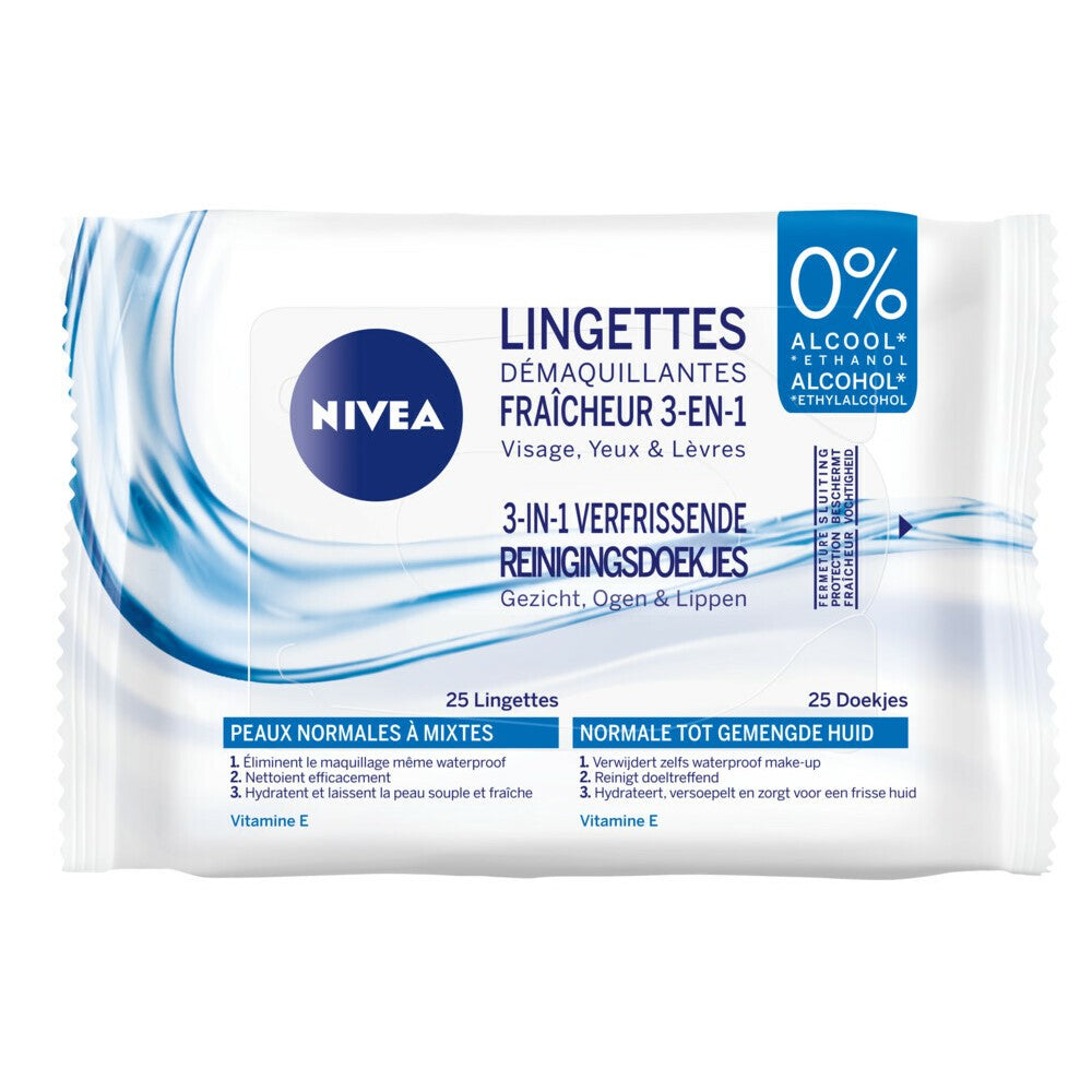 Nivea - Gezichtsreiniging - 3-in-1 Verfrissende - Gezicht, Ogen en Lippen - 25st