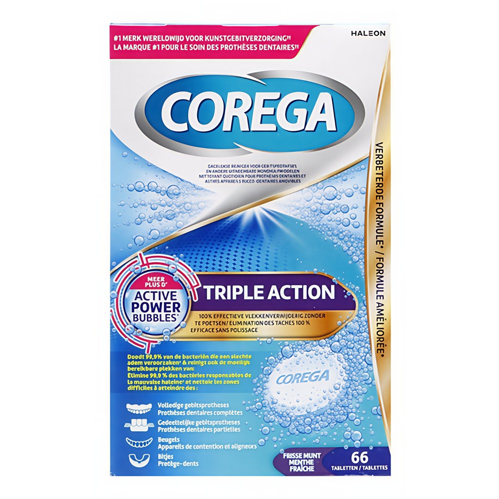 Corega - Kunstgebitverzorging - Bruistablet - Active Power Bubbles - Triple Action - 66 Stuks