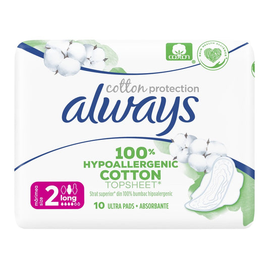 Always - Maandverband - 2 Long  - Cotton Protection - 100% Hypoallergenic Cotton TopSheet - 10 Stuks