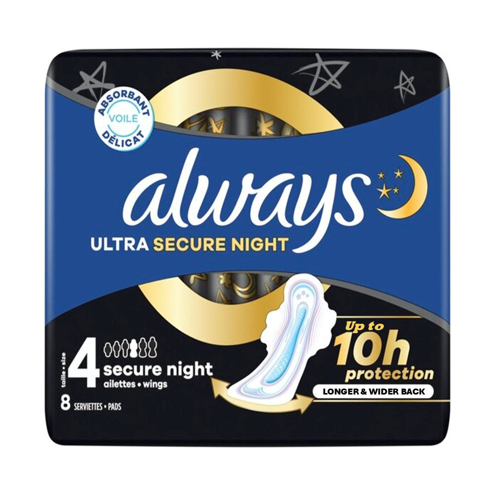 Always - Maandverband - 4 Secure Night With Wings - Ultra Secure Night - 10h Protection - Longer & Wider Back - 8 Stuks