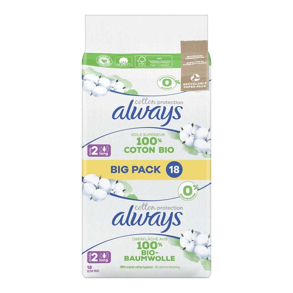 Always - Maandverband - 2 Long - Cotton Protection - Big Pack - 18 Stuks