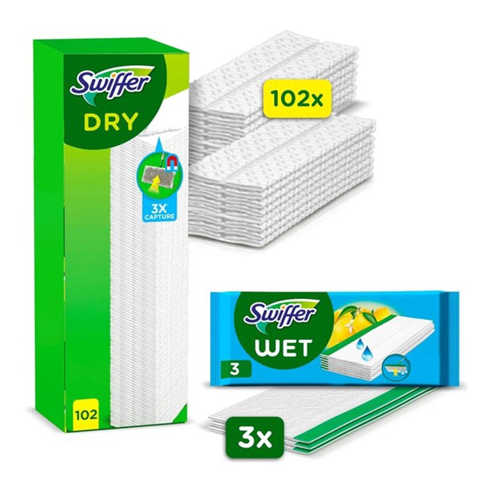 Swiffer - Vochtige Vloerdoekjes - Gemengde Doos - 102Pcs Navulling Dry & 3Pcs Wet Floor Wipes - 105 Stuks