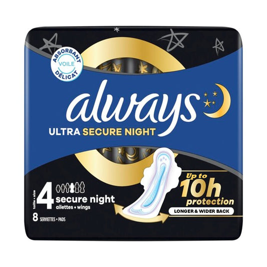 Always - Maandverband - 4 Secure Night With Wings - Ultra Secure Night - 10h Protection - Longer & Wider Back - 8 Stuks