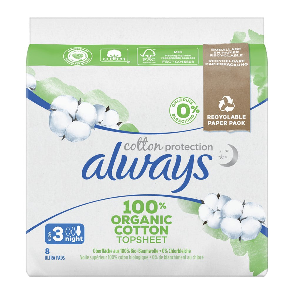 Always Cotton Protection - Maandverband - 3 Night - 100% Organic Cotton TopSheet - 8 Stuks