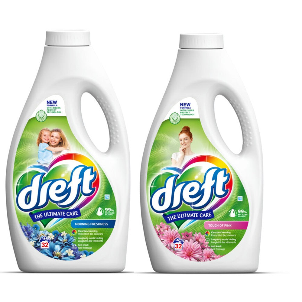 Dreft - Wasmiddel - Gemengde Doos - Vloeibaar - 2xMorning Fresh & 2xTouch of Pink - 4x32Wb/1,44L