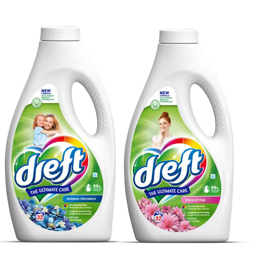 Dreft - Wasmiddel - Gemengde Doos - Vloeibaar - 2xMorning Fresh & 2xTouch of Pink - 4x32Wb/1,44L