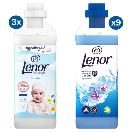 Lenor - Wasverzachter - Gemengde Doos - 3xSensitive & 9xSpring - 2 Assortimenten - 12x38Wb/950ml