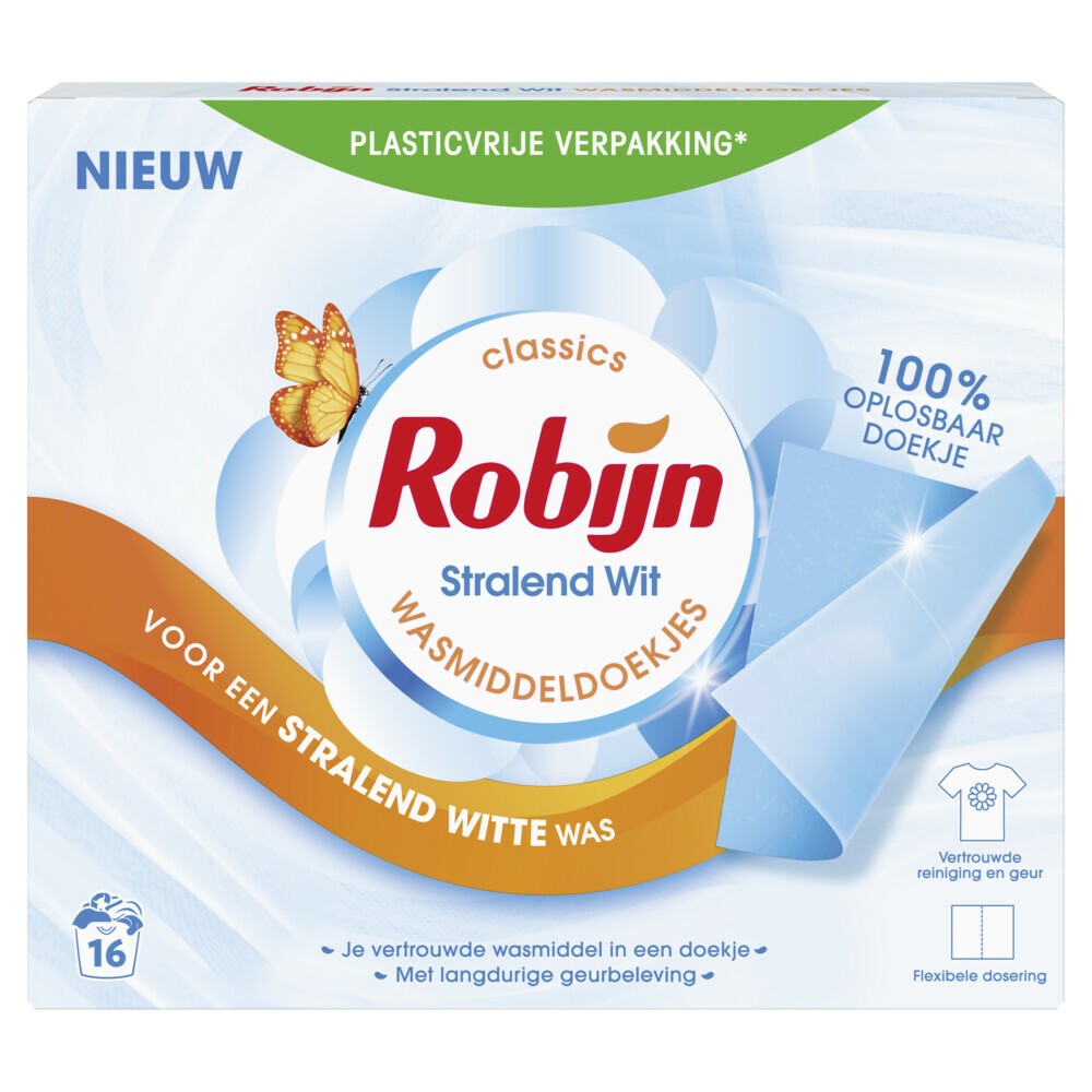Robijn - Wasmiddel - Doekjes - Stralend Wit - 16Wb/67g